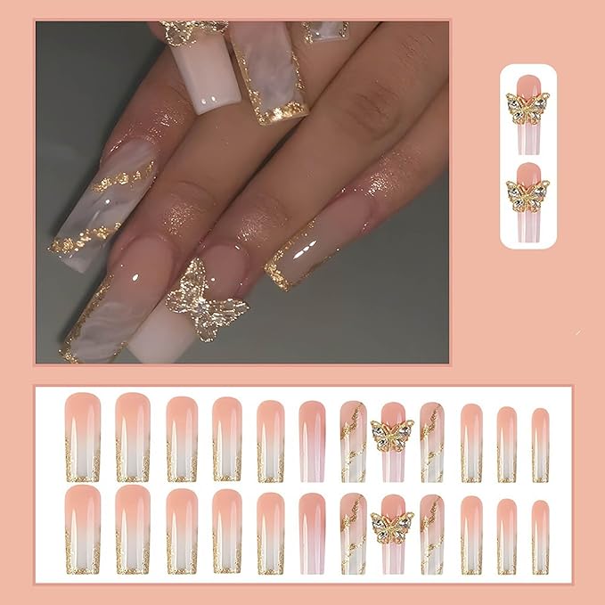 RTKHFZE Press on Nalis Long Coffin Nails Press ons Square Fake Nails Nude Gradient Acrylic False Nails with Metal 3D Butterfly Designs and Gold Glitter Artificial Nail Stick on Nail for Women 24Pcs