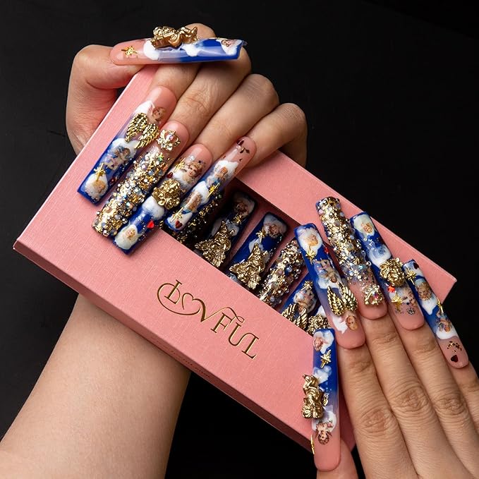 LOVFUL Press on Nails the Palace of Murals | Handmade with Full Covered Crystals | Reusable Fake Nails | Square | H174-M, pink