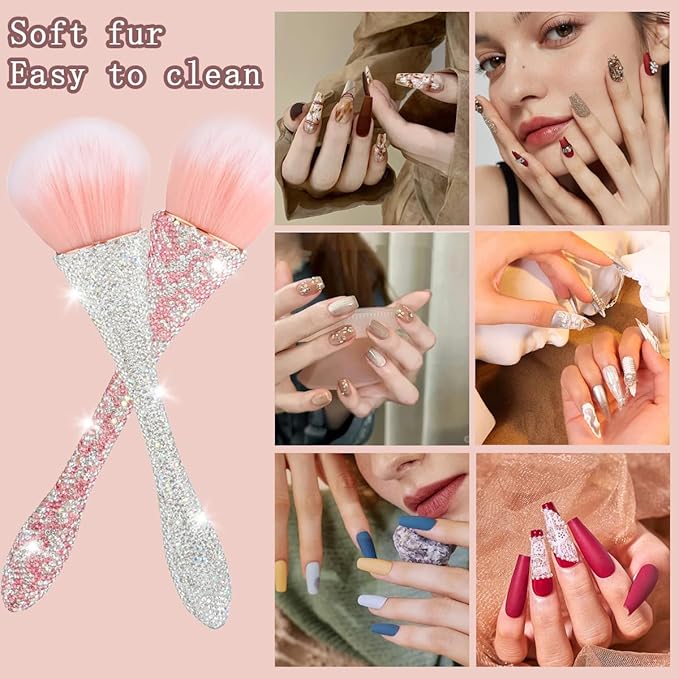 2 PCS Nail Art Dust Brush Shiny Rhinestone Fust Brushes Ultra Soft Nylon Dust Brush for Loose Face Cosmetics Blending Liquid Foundation Powder Make Up Brushes Cleaning Tools Shape Nail & Makeup Brus