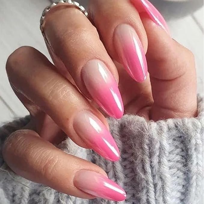Chrome Hot Pink Semi Cured Gel Nail Strips 20Pcs Glitter UV Gel Nail Stickers Glossy Ombre Nails Polish Strips UV/LED Light Needed Self Adhesive Full Polish Nails Wraps for Women