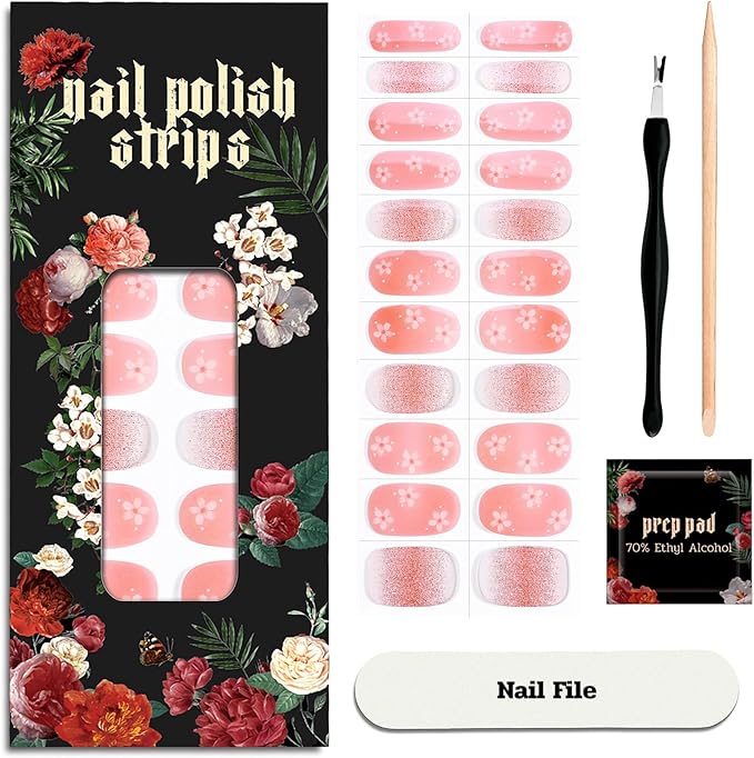 Nail Polish Strips (No UV Lamp Needed) - 22 Pcs Salon Quality Gel Nail Stickers - Long Lasting Wraps (Dusty Orange Flower)