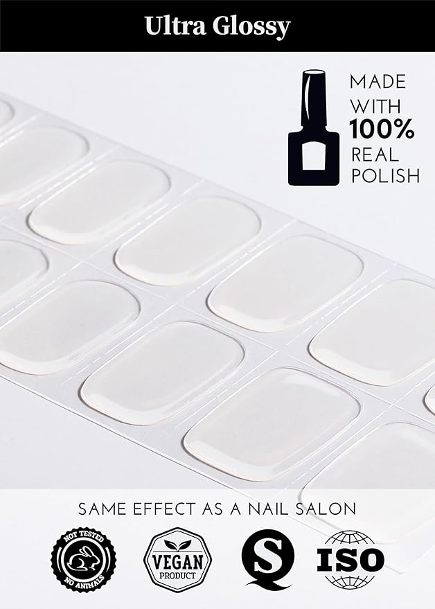 Semi Cured Gel Nail Strips, 20Pcs Long Lasting Salon Quality Wraps, Easy Apply & Remove Gel Nail Stickers with UV Light (Clear Glossy)