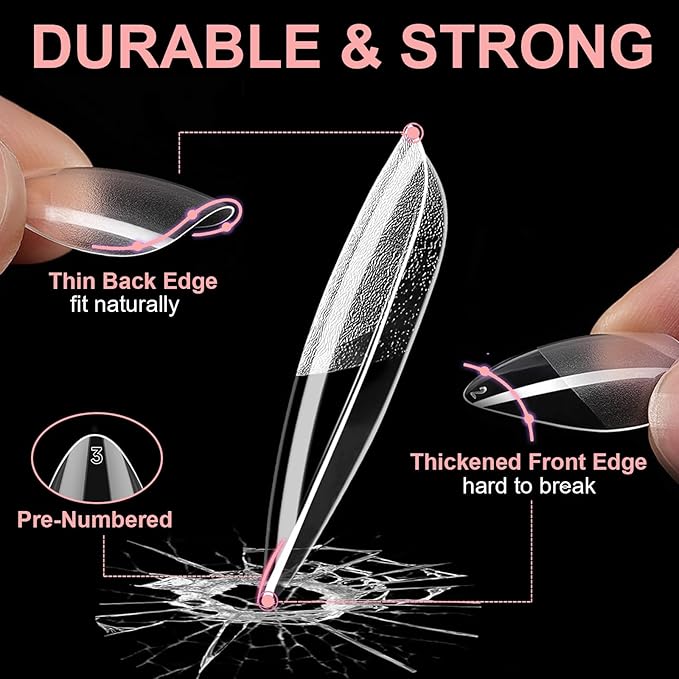 Soft Gel Short/Medium/Long Almond Nail Tips Kit 3 Boxes 360Pcs, Full Cover Pre-etching Acrylic False Nails for Small and Flat Nail Bed Home Manicure Extension DIY Salon Clear Press On Nails, BlueZOO
