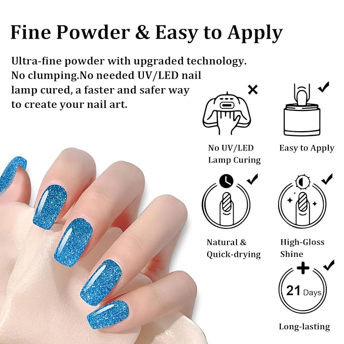Nail Dip Powder Glitter Blue Color, No Lamp Curing, French Powder Pro Collection System Nail Art Starter Manicure Salon DIY at Home, Odor-Free & Long-Lasting, 1 Oz