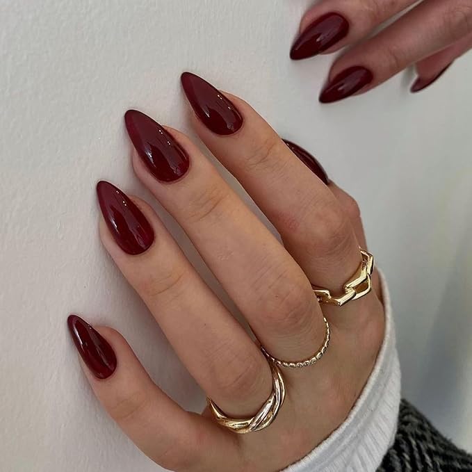 Burgundy Red Press on Nails Almond Shaped 48Pcs Neutral Thick Fake Nails for Women, Medium Almond Nails Press on Reusable Acrylic Nails Glue on Medium Length Stiletto False Nails Gel Artificial Nails