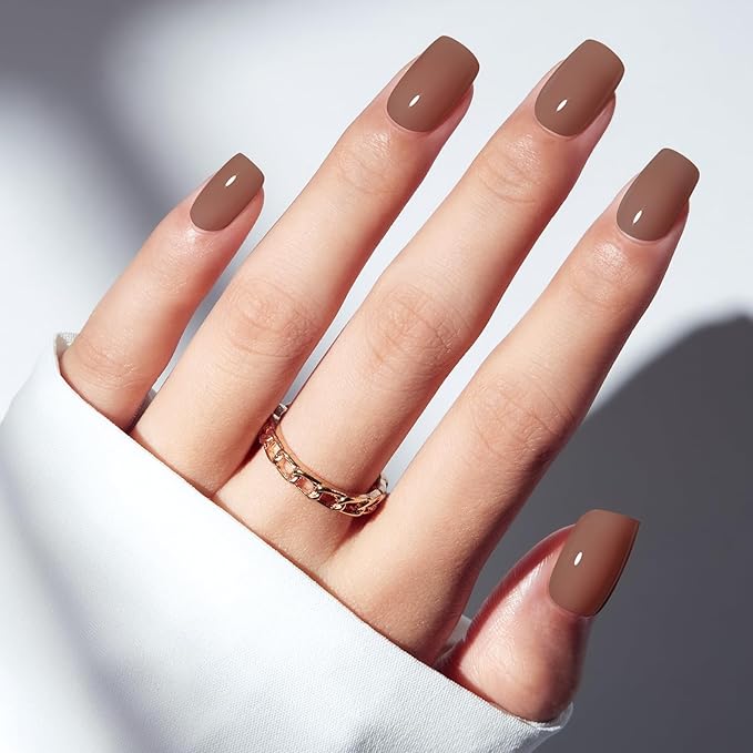 Modelones Mocha Brown Press on Nails, Short Square Fake Nails, Reusable Nail Kit with Nail Glue Adhesive Tabs Mini Nail File, Nails Press Ons 32Pcs16 Sizes, Women Girl Gift