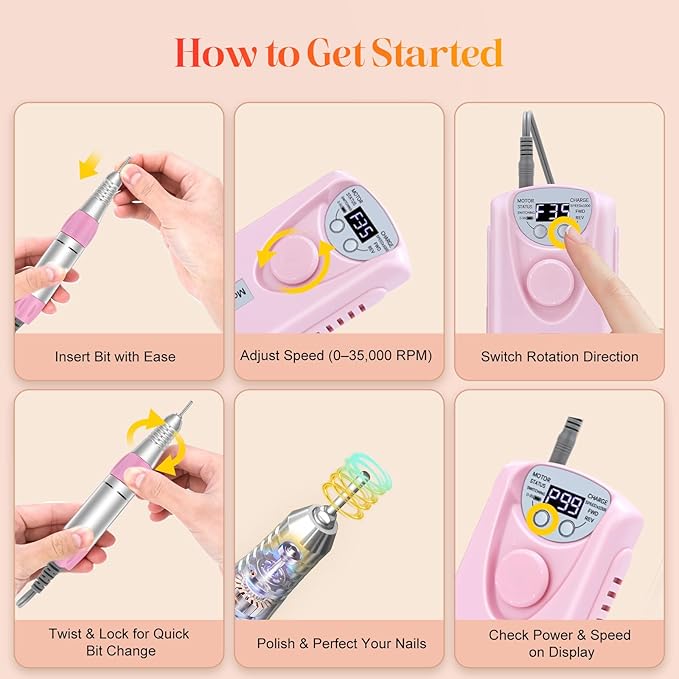 Electric Nail Drill Professional, 35000RPM Nail File Machine with Bits Set & Fast Cooling, Portable for Acrylic Gel Nail Polishing Removing, Manicure Pedicure at Salon & Home Use, Gift for Women