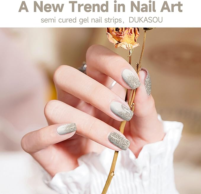 Semi Cured Gel Nail Strips,28 pcs Sparkling Gold Gel Nail Stickers with UV Light Required,Long Lasting Nail Art Stickers, Easy to Apply（French Gold）
