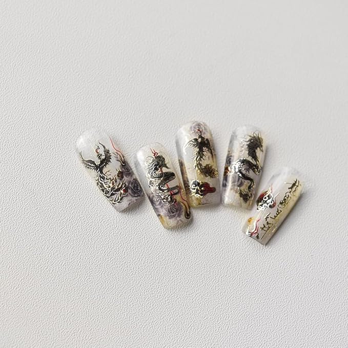 Halloween Dragon Phoenix Nail Art Stickers 5D Nail Decals Embossed Black Gold Fire Dragons Sticker for Women Girls DIY Nails Manicure Salon (Dragon)