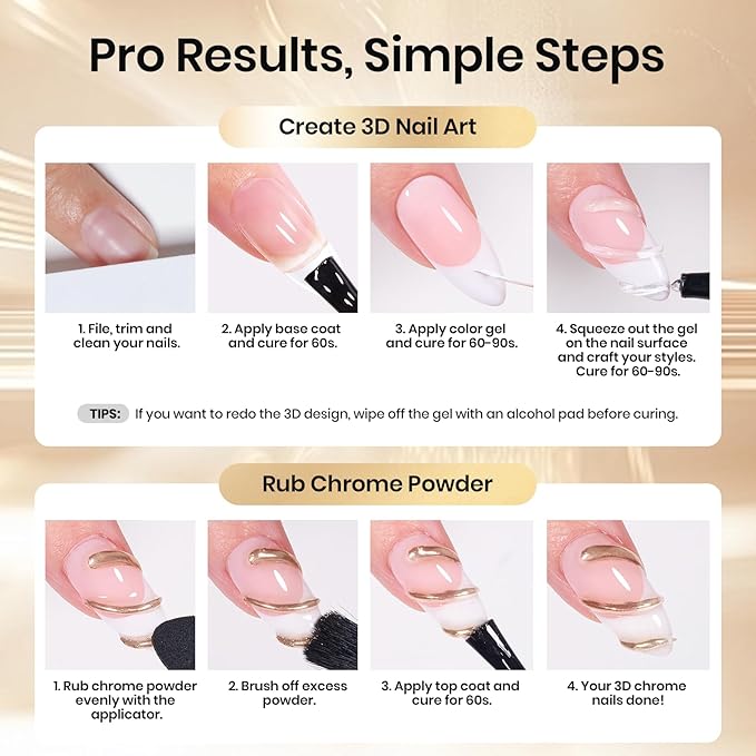 Beetles Sculpting Gel 3D Gel Nail Art 3 in 1 Clear No Wipe Nail Polish Rhinestone Art Glue Gel for Drawing, Molding, Gems and Decoration with Golden Chrome Nail Powder for DIY Nail Designs, 15g