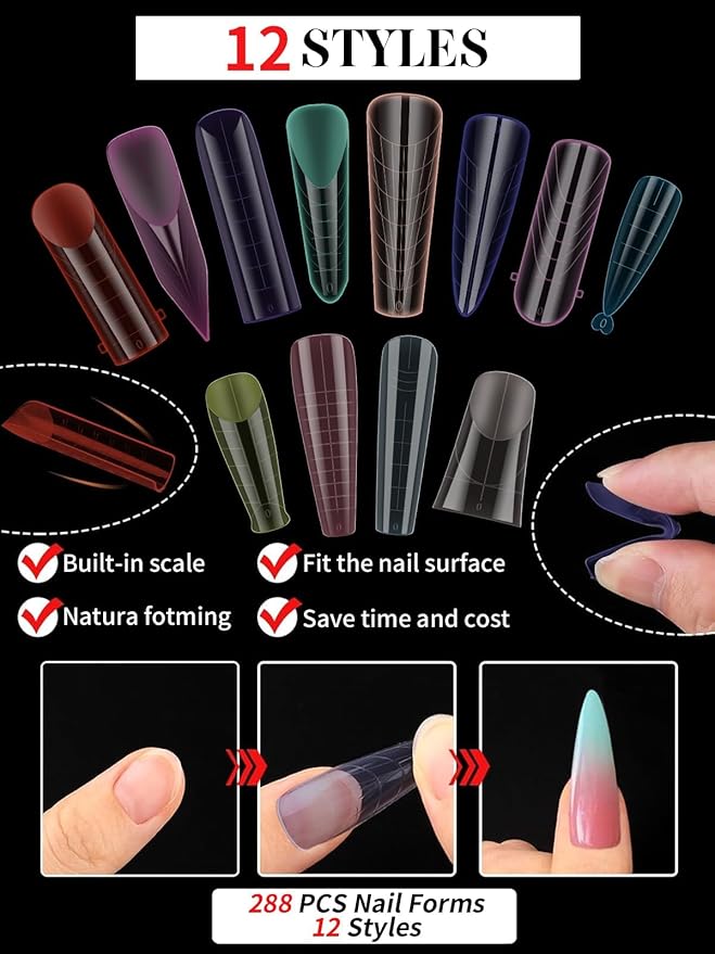 Dual Forms for Poly Nail Gel, 288PCS 12 Colors Dual Nail Forms Extension Molds Stiletto Coffin Square Acrylic Nail Tips 12 Shapes for Builder Gel Manicure Nail Art Design Salon DIY at Home