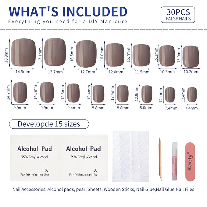 Brown Press On Nails Short, Glossy Soft Gel Press On Nails Square, 15 Sizes - 30 Fake Nails Kit, Thick Natural Reusable Stick On Nails for Women
