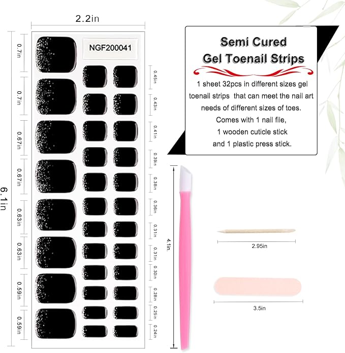 WOKOTO Semi Cured Gel Nail Strips For Toenails, 16 Size 32 Tips Black Glitter design Toe Nail Polish Strips With Nail File & Wooden Stick, Works With Lamps, Salon-Quality, Long Lasting, Easy To Use