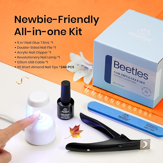 Beetles Gel Nail Kit, Almond Short, 240pcs 12 Sizes Nail Tips, with Nail Glue Mini Lamp, Clear Full Cover Fake Nails Tips, for Acrylic and Clear Press On Nail, Extension Set for Home DIY