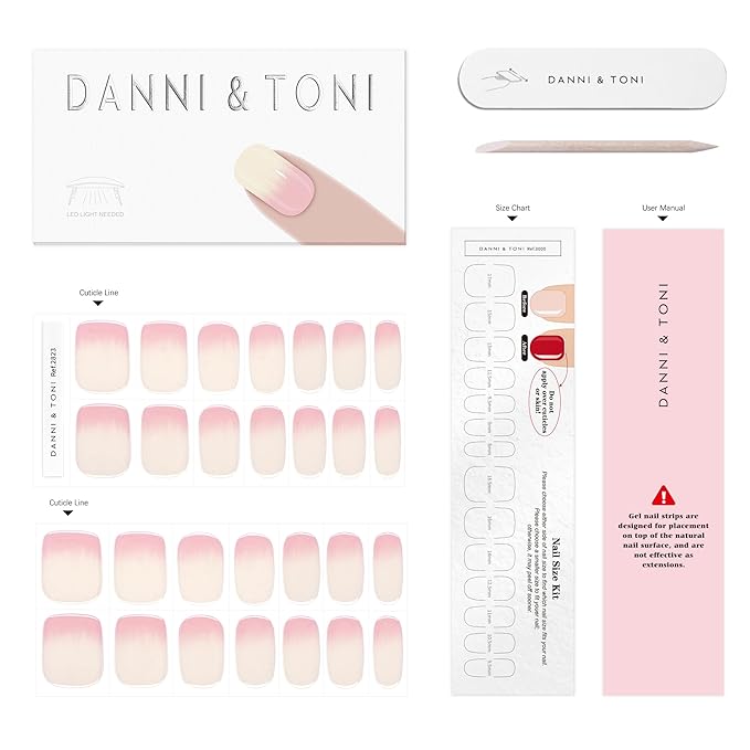 DANNI & TONI Semi Cured Gel Nail Strips Pink-to-White Ombre Gel Nail Wraps 28 Stickers | Baby Ombre