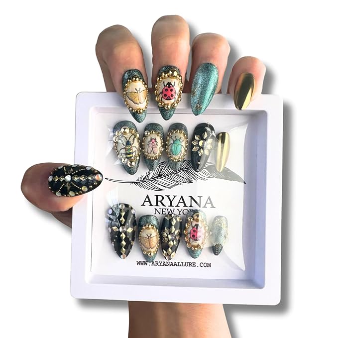 ARYANA NEW YORK Handmade Press-On Nails – Medium Almond, 3D Crystal Luxury Design, False Tips for Women – Love Bugs Collection (Medium)