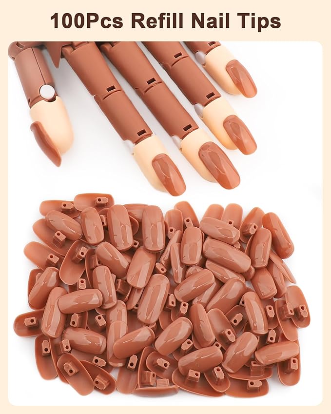100PCS Replacement Nail Tips for Acrylic Nails Practice Hand, Brown Fake Nails with box for Nail Hand Practice