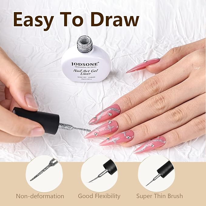 JODSONE 2Pcs Swirl Nail Art Liner Gel Polish,10ml Classic Color 3D Nail Art Pens Effect Nail Print Design with Thin Brush for French Tips Manicure Painting DIY at Home,Glitter Gold & Silver
