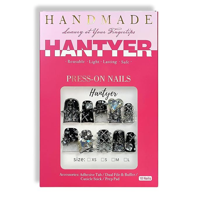 10pcs Short Duck Nails in Punk Style, Black Ombre Press on Nails with Metal Studs, Large Heart Rhinestones & Skull Charms, Reusable Gothic False Nails for Women Party Club Night (Size S)