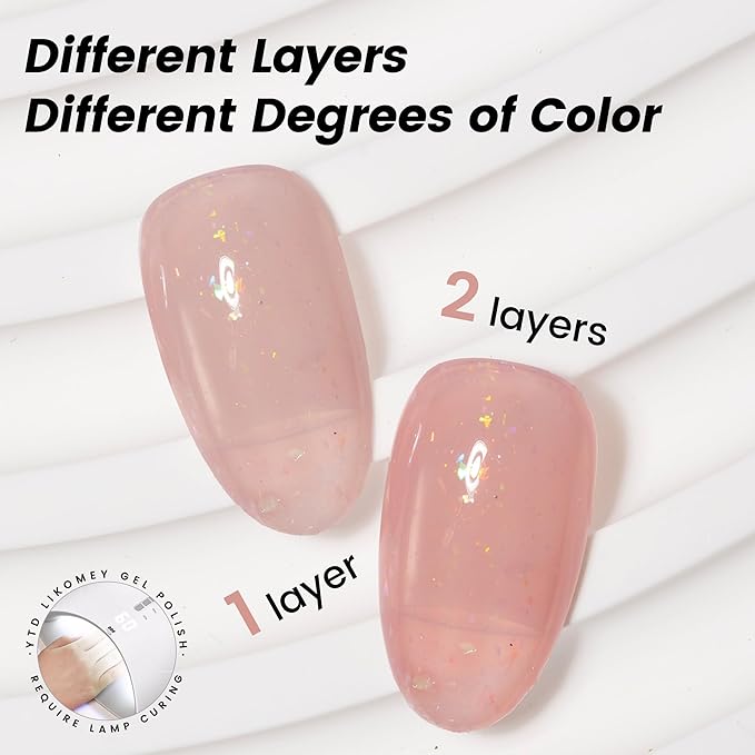 YTD Likomey Gel Nail Polish,Nude Glitter 15ml Rose Pink Brocade Shimmer Jelly Translucent Neutral Holographic Iridescent Sparkly Flakes Salon UV Manicure Nail Art Varnish,SF368