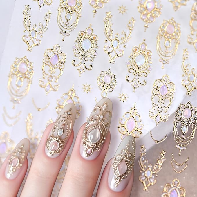 5D Embossed Nail Art Stickers Gold Nail Decals Vintage Gemstones Nail Art Decorations Supplies Gold Line Design Manicure Accessories for Women