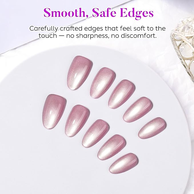 Luxbon Almond Press On Nails with No-Cure Nail Glue and Tool Kit – Moonlight Cat Eye Soft Gel Tips 30-32pcs Full Size Set, Reusable Fake Nails for Women, Salon Look at Home, Pink