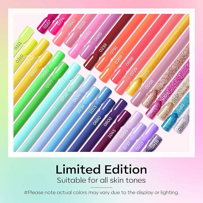 modelones 40 Pcs Gel Nail Polish Set, 36 Colors Rainbow Neon Gel Polish Bright Hot Pink Green Yellow Purple Blue Glitter Nail Gel Polish with Soak Off Base Coat& Matte Glitter Glossy Top Coat