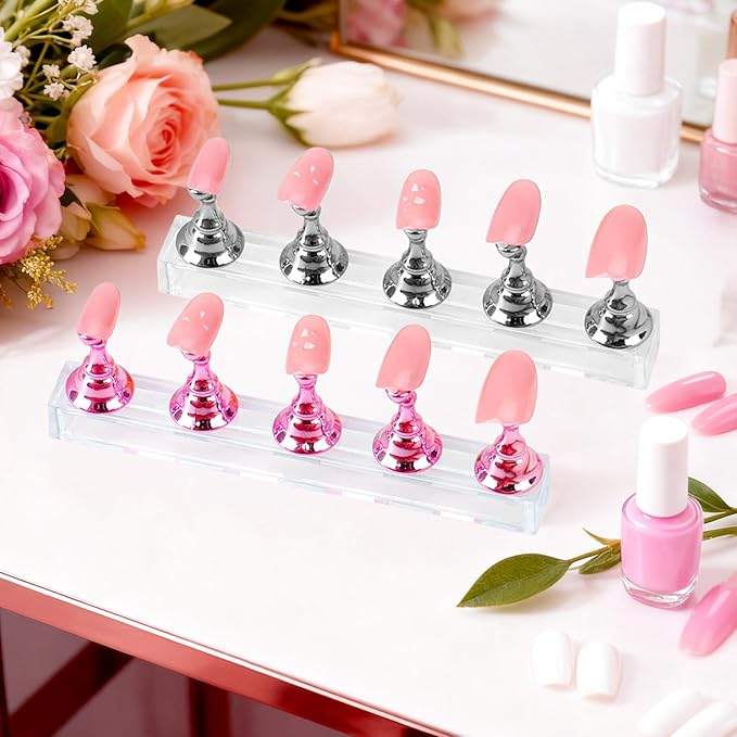 Nail Stand Nail Holder for Painting Nails 2 Sets Press on Nails Stand Display with 96 Pcs Reusable Adhesive Putty Clay Magnetic Acrylic Nailss Art Tools Accessories for DIY Salon Supplies Pink, Silver