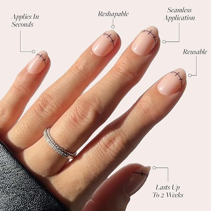 Glamnetic Press On Nails - Frankenbabe | Semi-Transparent Stitched Tip Graphic Short Oval Fake Halloween Nails, Salon Quality | 15 Sizes - 30 Nail Kit
