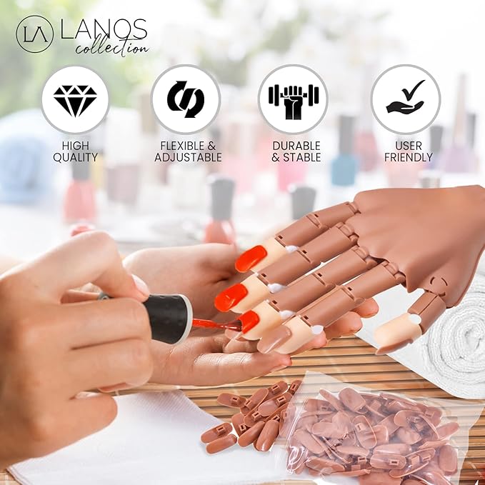 Lanos Practice Hand for Acrylic Nails, False Fake Nails Training Kit | Finger Model Manicure Mannequin for Professional Cosmetology, DIY, Flexible (Material) Table Stand for Gel Painting with 100 PCS Nail Tips