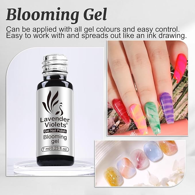 Lavender Violets 6pcs Gel Base and Top Coat Set - Blooming Gel, Glow in the Dark Top Coat, Glossy & Matte Coats, 5 in 1 Builder Base, Non-Acid PH Bond Clear Nail Polish Kit for Manicure C201