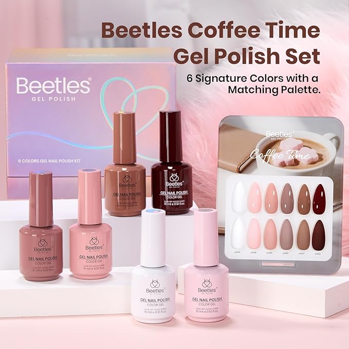 Beetles Gel Nail Polish Set – Coffee Time 6 Colors Neutral White Pink Nude Brown Gel Polish Collection, Soak Off UV LED Gel Long Lasting Glossy Finish 15ml Each Gift for Women