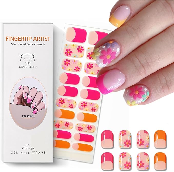 Semi Cured Gel Nail Strips,Red French Tip Nails Stickers with High Gloss and Glitter Design for Women,60S UV Light Curing Manicure,Long Lasting, Arts at Home(Colorful Daisy French)