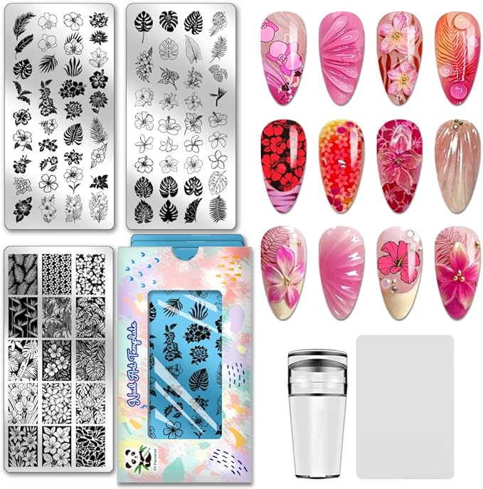 PH PandaHall 3pcs Flower Leaves Nail Stamping Plates Rainforest Blooms Nail Art Stencils Tropical Floral Manicure Art Plates Plants Nails Stamping Temeplates for Women Manicures Salon Design Printing