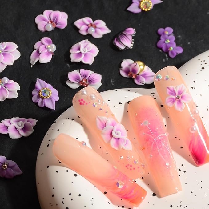 30PCS 3D Handmade Flower Nail Art Charms Advanced Handcrafted Cherry Blossom Flower Colorful Sculpted Floral Nails with Rhinestone Caviar Beads Design for Women Profession Nail Art Craft Jewelry