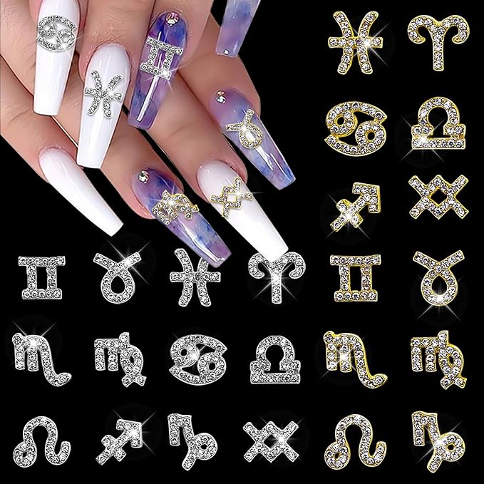 24 Pieces Gold and Silver Alloy Zodiac Nail Charms Zodiac Signs Nail Studs Twelve Constellation Nail Charms Inlaid Clear Rhinestone for Women Girls Nail Art Decoration