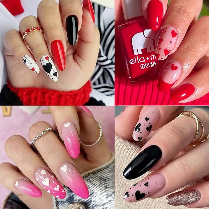 Valentine's Day Nail Art Stickers - Sexy Red Black Heart Nail Decals, Self-Adhesive White Love for DIY 3D Nail Supplies Decoration (4 Sheets)