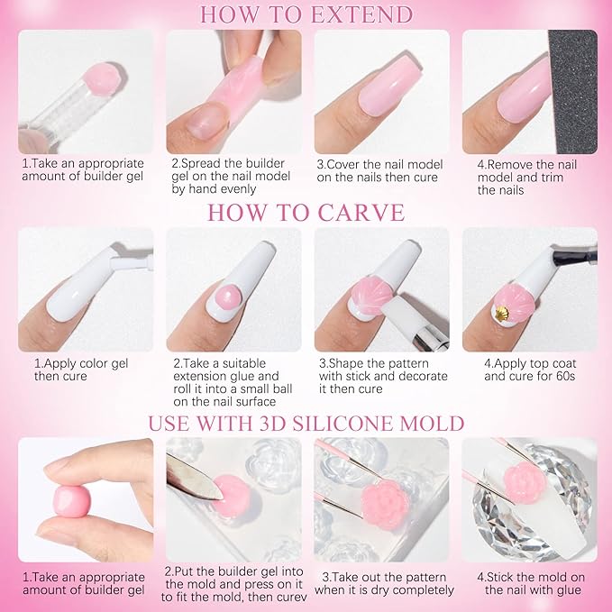 Solid Builder Gel for Nail Extension Non Stick Hand Scupture Hard Gel with Dual Form Nail Brush Tool for Home DIY Manicure 7 Colors 14g(0.49 oz)