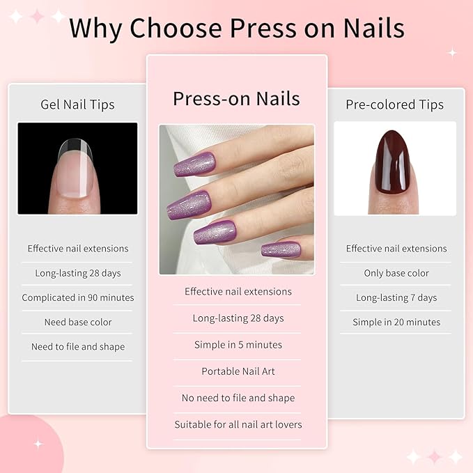 Purple Cat Eyes Press On Nails - 24 Pcs Soft Gel Medium Coffin Fake Nails Kit With Glue, 12 Sizes, Natural Reusable Stick On False Nails for Women and Girls (Skycloud Purple) SK0860