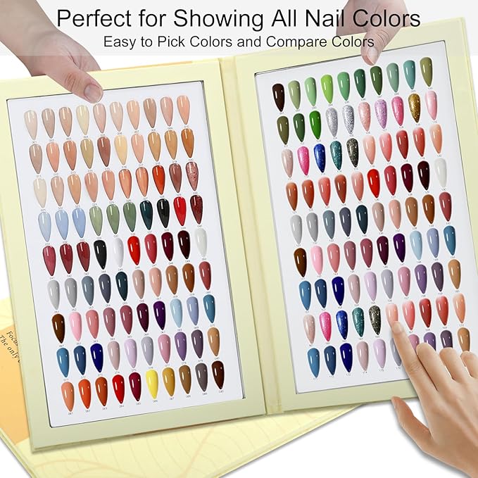 180 Nail Colors Book,Nail Color Display Book with 240 Nail Tips & 1-200 Number Labels,Professional Nail Color Swatches Book for Nail Polish UV Gel,Nails Art Design(Yellow)
