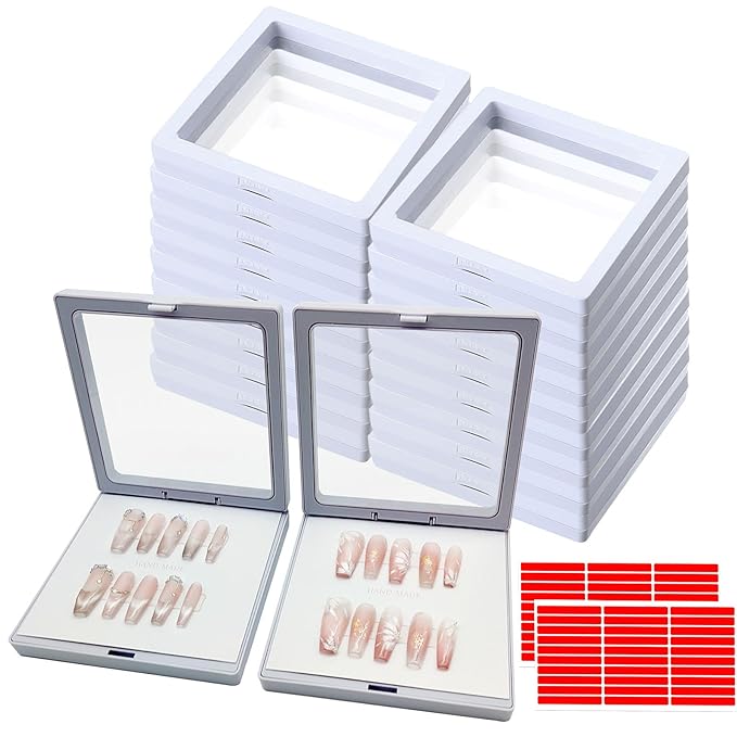 Press On Nail Packaging Boxes - 3D Floating Storage and Display Box With 60pcs Double Sided Adhesive Tape for Nail Tech (White, 4.3 Inch)