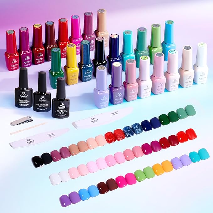 Beetles Gel Nail Polish Set, 25 Colors Color Dairy Polish Kit, Nude Black Brown Red Color Gel Nails with Base Coat Glossy & Matte Top Coat Colorful Bottles UV Led Soak Off Gifts for Women