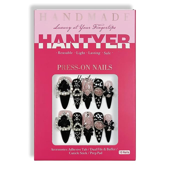 Y2K Kawaii Goth Press on Nails with Tools Kit, Long Stiletto Glossy Black Nails, Pink Cat Eye with Black Heart Rhinestones & Bows, Edgy Cute Style for Concerts & Nightlife (Size S)