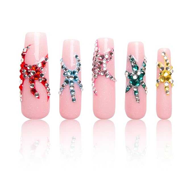 LOVFUL Mid Length Press on Nails Starshine | Handmade Acrylic Press ons | Reusable Fake False Nails | Square Mid Length 1.7 in | H261-S