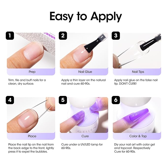 Gellen 2 Pcs Gel Nail Glue for Nail Tips, 4 in 1 UV Extension Glue for Acrylic Tips & Clear Press on Nails & False Nails, Base Gel, Rhinestone, U V Led Lamp Needed