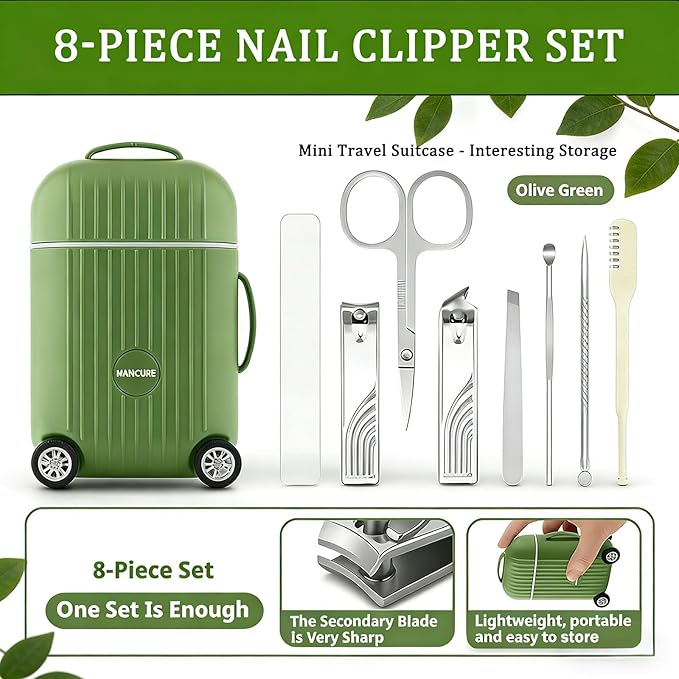 Manicure Set 8 in 1 Stainless Steel, Nail Clippers Scissors Pedicure Tools Kit - Portable Travel Grooming Kit for Men and Women with Mini travel box packaging, Rollable Wheels (GREEN)
