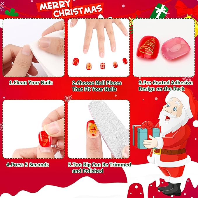 JANYUN 96 Pcs Christmas Fake Nails,Gilded Design Press on Nails for Pre-glue Full Cover Short False Nails Christmas Birthday Gift