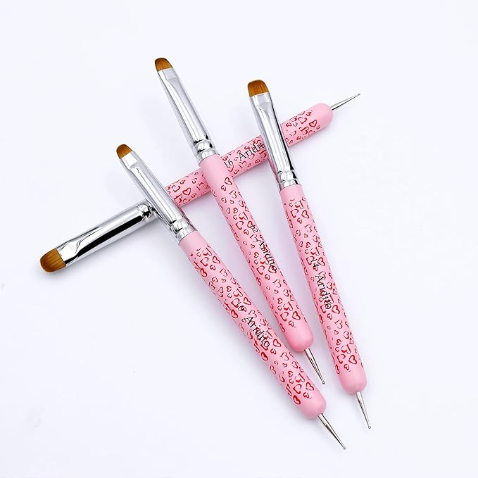 4Pcs Professional Acrylic French Manicure Clean-Up Brushes & Dotting Pens - Pink Heart Handles, Precision Tips (#10#12#14#16) for Nail Art, Cuticle Care (pink)