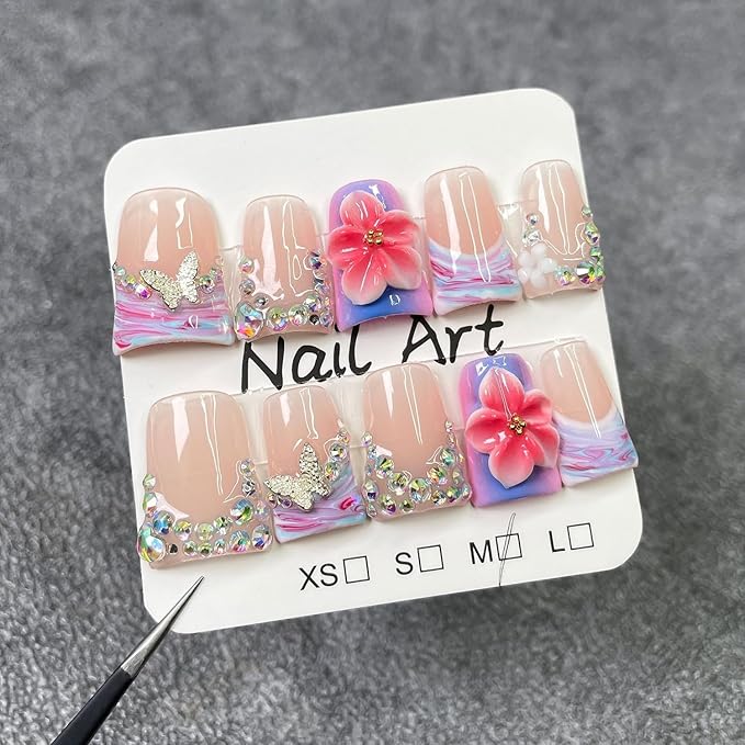 Duck Handmade Press on Nails Colorful Rhinestone & Butterfly Designs 3D Luxury Gradient Flower False Nails Muti-Layer Gel Acrylic Nail Full Cover Short French Tip Fake Nails for Women（S)