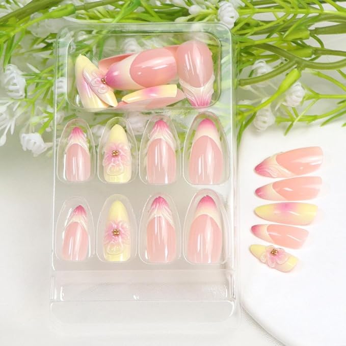 Press on Nails Almond Medium Yellow Pink Fake Nails with 3D Flower Gradient Designs French Tip Nails Press ons Acrylic Nail Glossy Glue on Nail Almond Stick on Nail for Women 24 Pcs